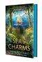 Text: „SEA of CHARMS“; „SARAH BETH DURST“. Illustration: Segelboot auf blauem Meer, umgeben von Bäumen und Blumen.
