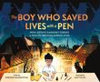 Buchtitel: "The Boy Who Saved Lives with a Pen". Junge zeichnet am Tisch, Paris bei Nacht im Hintergrund, mit Silhouetten., Buch