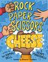 "ROCK PAPER SCISSORS CHEESE" in gelber Schrift, Hände zeigen "Stein", "Papier" und "Schere". Illustrative Gestaltung.