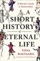 Text: "A Short History of Eternal Life. The Art and Science of Immortality. Tiina Raevaara. Flatiron Books. Cover forthcoming." 
Ein minimalistisches Design mit blauem Rand und einem kleinen Logo., Buch