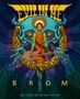 "EVIL IN ME" und "BROM". Eine grüne Figur mit Halo trägt Gitarre, vor einem Gesicht mit gelben Augen. Farbenreich und psychedelisch., Buch