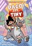 Cover der Graphic Novel "Paco and Tiny": Junge reitet auf großem Hund, Stadtlandschaft im Hintergrund.