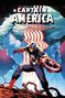 "CAPTAIN AMERICA" in fetten Buchstaben. Illustration: Captain America in dynamischer Pose mit Schild im Vordergrund.