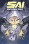 "SAI: DIMENSIONAL RIVALS" in großen Buchstaben. Eine Illustration zeigt eine Figur mit Brille, die einen kleinen leuchtenden Charakter hält.