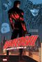 "Daredevil" in großen, weißen Buchstaben. Illustration eines Helden in Rot vor einer Skyline, umgeben von Gesichtern.