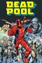 Text: "DEADPOOL" in großen gelben Buchstaben. Darstellung einer Comic-Figur in rotem Kostüm mit Schwertern, umgeben von anderen Helden., Buch