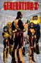 „GENERATION X“, bunte Comicszene mit vier heldenhaften Figuren in auffälligen Kostümen.
