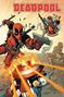 Oben steht "DEADPOOL". Im Hintergrund hält eine Figur Waffen. Im Vordergrund kämpft Deadpool mit Captain America., Buch