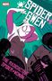 „SPIDER-GWEN“ oben, „THE RADIOACTIVE SPIDER-WOMAN“ unten. Eine stilisierte Superheldin schwingt durch eine Stadt., Buch
