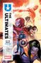 Text: THE ULTIMATES, FIX THE WORLD, YEAR ONE. Camp Frigeri Blee. Marvel Logo. Illustration von Superhelden in actionreicher Pose., Buch