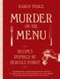 KAREN PIERCE, MURDER ON THE MENU, RECIPES INSPIRED BY HERCULE POIROT; rote Hintergrundfarbe mit Gabel und Messer., Buch