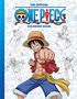 "The Official One Piece Coloring Book" steht oben. Ein fröhlicher Pirat in Strohhut zeigt eine Faust. Skizzen im Hintergrund.