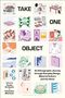 "TAKE ONE OBJECT" in großen Buchstaben. Verschiedene Illustrationen von Alltagsgegenständen und Szenen.