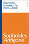 "Sophokles, translated by Anne Carson" oben, "Sophokles Antigone" unten, modern gestalteter Buchumschlag., Buch