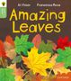 "Amazing Leaves" ist in gelber Schrift auf braunem Hintergrund zu sehen, umgeben von bunten Herbstblättern., Buch