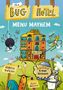 „The Bug Hotel“, „Menu Mayhem“, „5-Star Silliness“. Eine bunte Illustration von Insekten und einem Hotel auf einer Wiese., Buch