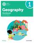 "Geography Workbook Second Edition", "Primary", "1". Eine Illustration: Kind malt, spielt auf Hüpfspiel vor Klettergerüst., Buch