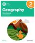 „Geography Workbook Second Edition“ steht oben. Illustration: Kind hält Globus vor Bergen und Pflanzen, Label „Primary“., Buch