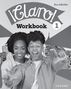 Text: "¡Claro! Workbook 1, 2.a edición, Oxford". Zwei fröhliche junge Menschen vor stilisiertem Stadthintergrund., Buch