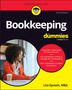 Aufschrift: "Bookkeeping for Dummies". Frau im Business-Outfit sitzt am Tisch mit einer Tasse.