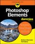 "Photoshop Elements for dummies" oben, Text auf orangenen Kreis. Wasserfall in Berglandschaft, Logo mit Brille und Haaren., Buch