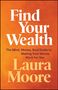 "Find Your Wealth" und "Laura Moore" in großer Schrift auf orange-rotem Hintergrund, mit einem Untertitel zum Thema Geld., Buch