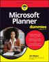 "Microsoft Planner for dummies" in weißer Schrift auf schwarzem Hintergrund mit Abbildung einer Frau am Computer., Buch