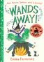 „WANDS AWAY! Potion Party", Emma Farrarons. Illustration: Mädchen mit Hexenhut vor Kessel, grüne Magie, Katze, Flammen., Buch