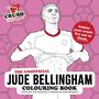 Illustration: "THE UNOFFICIAL JUDE BELLINGHAM COLOURING BOOK". Person hebt T-Shirt, Hintergrund rosa mit Sechsecken., Buch