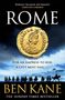 „ROME“ groß. Zitat von Christian Cameron. Goldene Münze. Soldaten vor nebliger Landschaft. Autor Ben Kane. Bestseller-Hinweis.
