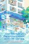 „our friends at the convenience store by the sea“ von Sonoko Machida. Illustration eines Ladens am Meer mit Pflanzen.