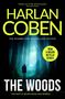 Text: HARLAN COBEN, THE WOODS, "The past is never dead and buried", ein Waldweg mit einer Person in nebligem Licht., Buch