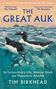 Eine Illustration zeigt schwimmende Alkenvögel im Meer. Text: "The Great Auk" von Tim Birkhead., Buch