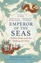„EMPEROR OF THE SEAS“: Kublai Khan, China. Illustration: Wellenschwung, rote Drachen, historische Schiffe.