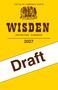 Text: "Edited by Lawrence Booth", "WISDEN Cricketers' Almanack 2027", "Draft". Gelber Hintergrund mit Illustrationen.