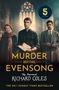 Text: "Murder Before Evensong", "The Reverend Richard Coles", "The No.1 Sunday Times Bestseller." Drei Personen vor Kirchenfenster., Buch