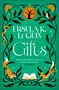 Buchtitel: "Gifts" von Ursula K. Le Guin. Illustration: Tiere, Pflanzen, ein nackter Baum in einem orangefarbenen Kreis., Buch