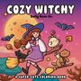 „Cozy Witchy“, „Belly Bean Co.“, „A Super-Cute Coloring Book“. Illustration einer Hexe mit Tieren und Besen vor Abendhimmel., Buch