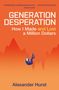 Text: "GENERATION DESPERATION", "How I Made and Lost a Million Dollars", "Alexander Hurst." Orange Hintergrund, fallende Person., Buch