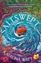 „SALTSWEPT“ und „KATALINA WATT“. Illustration eines rotsegeligen Schiffs in einem Wirbel aus Wasser und bunten Ranken.