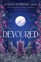 Text: "Jordan Stephanie Gray, 'A deliciously dark and viciously sexy romance' - Stephanie Garber, DEVOURD." Illustration: Zwei Wölfe flankieren einen Thron, umgeben von rosa Blumen und Ranken auf blauem Hintergrund.