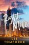 „The Right Move“ in großer Schrift, Zitat von Meghan Quinn. Skyline einer Stadt bei Sonnenuntergang im Hintergrund.