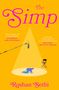 Text: „The Simp“, „a novel without a hero“, „Roshan Sethi“. Illustration: Bühne, Mikrofon, Mann kniet, Regiestuhl. Orange Hintergrund.