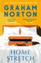 Titel: "GRAHAM NORTON - HOME STRETCH." Oben positive Kritiken. Illustration: Orangefarbener Koffer auf weißem Bett.