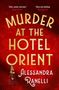 Text: "Every guest is a sinner. But who is the killer? Murder at the Hotel Orient. Alessandra Ranelli."  
Illustration: Roter Vorhang und Silhouette.