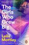 „LEILA MOTTLEY THE GIRLS WHO GREW BIG“, vor Sonnenuntergang auf Wasser, gelbe Silhouette mit Zitat von Emma Donoghue., Buch