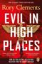 Titel: "Evil in High Places". Autorenname: Rory Clements. Ein Adler auf einem Berg vor rotem Hintergrund.