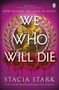 „We Who Will Die“ von Stacia Stark. Ein goldener Greif vor lilafarbenem Hintergrund, umringt von Rosen und Blättern.