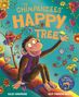"The Chimpanzees' Happy Tree" steht groß, bunte Blumen umrahmen einen fröhlichen Affen, der auf einem Ast sitzt.
