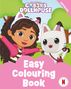 Text: "Gabby's Dollhouse", "Cover coming soon". Eine animierte Figur mit Katzenohren hält eine weiße Cartoon-Katze im Arm.